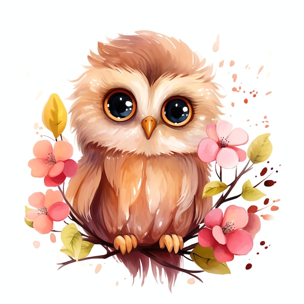 Cute Northern pygmy owl bird watercolor illustration clipart