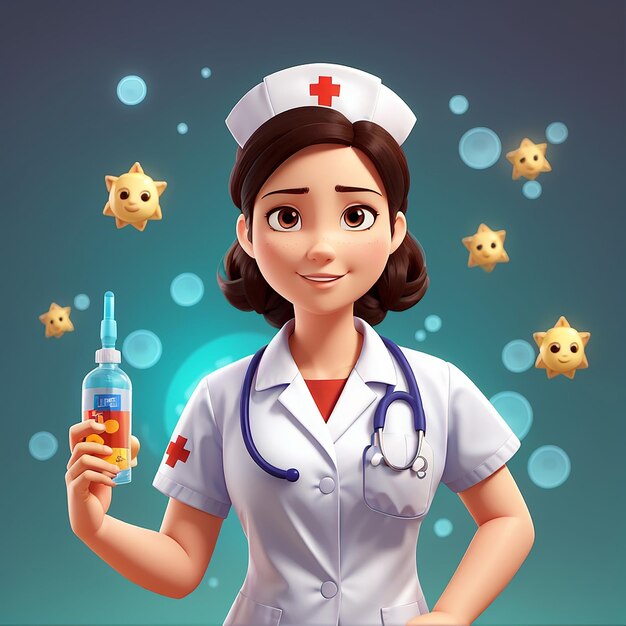Cute Nurse With Injection Vector Icon Illustration Corona Mascot Cartoon Character Person Icon Concept White Isolated Flat Cartoon Style Suitable for Web Landing Page Banner Flyer Sticker Card