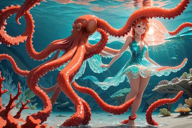 Симпатичная иллюстрация девушки из аниме-манги с осьминогом