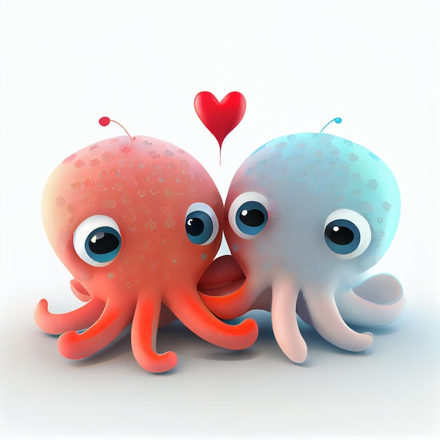 Cute octopus couple in love with hearts 3d render cartoon illustration