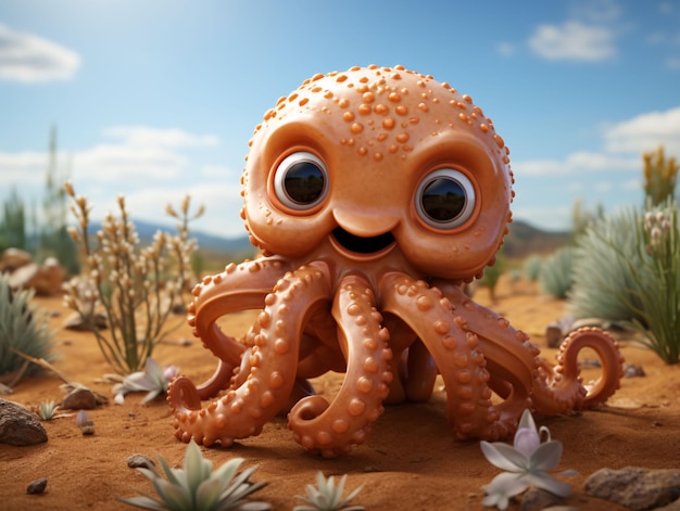 Cute octopus on desert sand with blue sky view generative ai