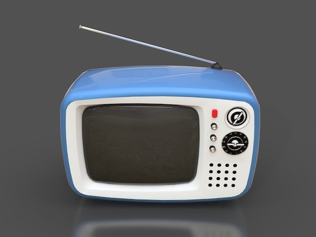 Cute old blue tv with antenna on a gray surface