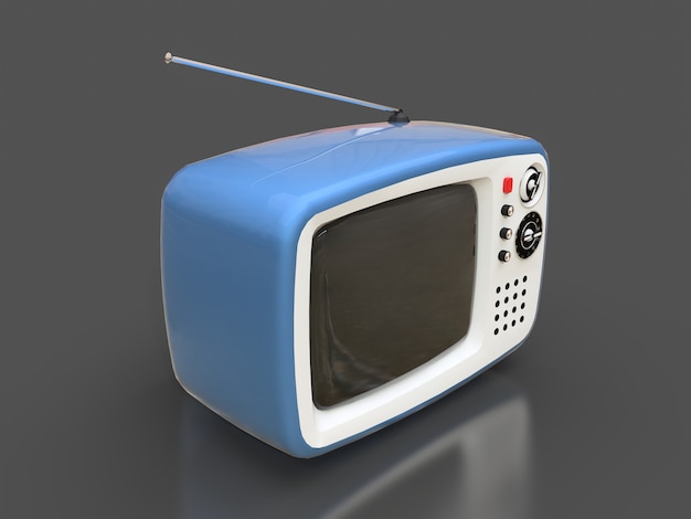 Carino vecchia tv blu con antenna su una superficie grigia