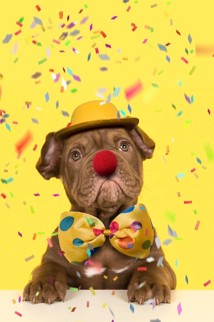 Cute old english bulldog puppy dressep up as a clown with bow hat and a red nose on a yellow background with confetti