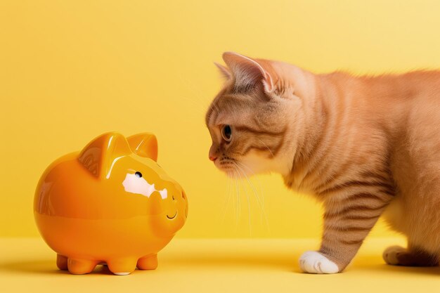 Cute orange cat saving money with a piggy bank in mouth orange yellow background