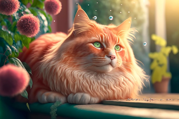 귀여운 주황색 고양이가 앉아서 주위를 둘러보고 있습니다. Generative AI
