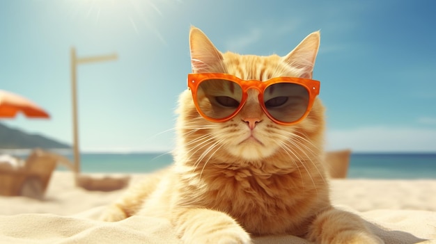 ビーチでサングラスをかけたかわいいオレンジ色の猫