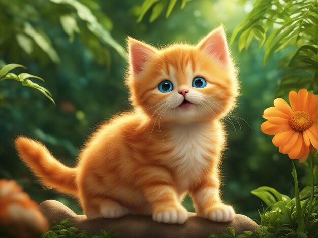 A cute orange color kitten cartoon isolated on blurred jungle background