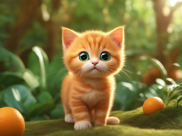 A cute orange color kitten cartoon isolated on blurred jungle background