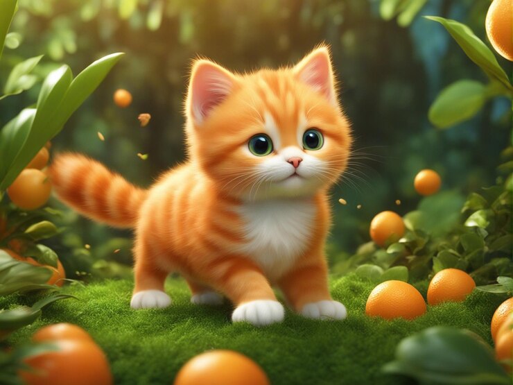 Photo a cute orange color kitten cartoon isolated on blurred jungle background
