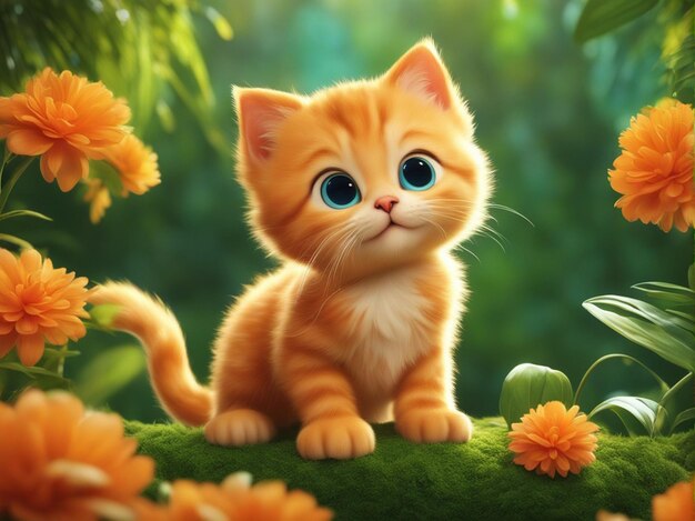 A cute orange color kitten cartoon isolated on blurred jungle background