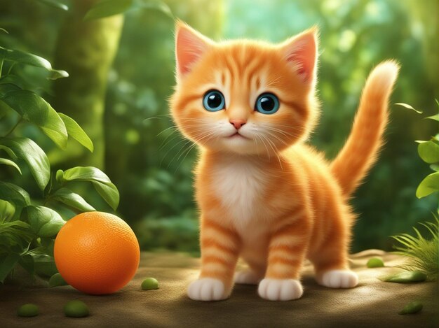 A cute orange color kitten cartoon isolated on blurred jungle background