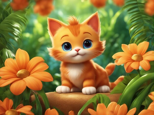 A cute orange color kitten cartoon isolated on blurred jungle background