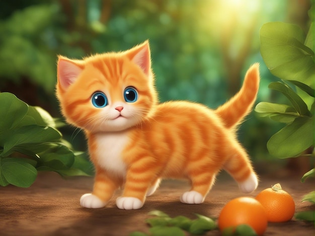 Photo a cute orange color kitten cartoon isolated on blurred jungle background