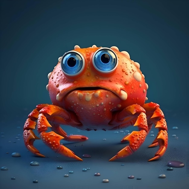 Cute orange crab with big eyes on a blue background 3d rendering