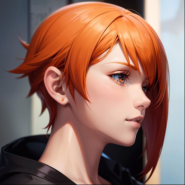 Cute orange green short hair anime scifi background generative AI illustration art