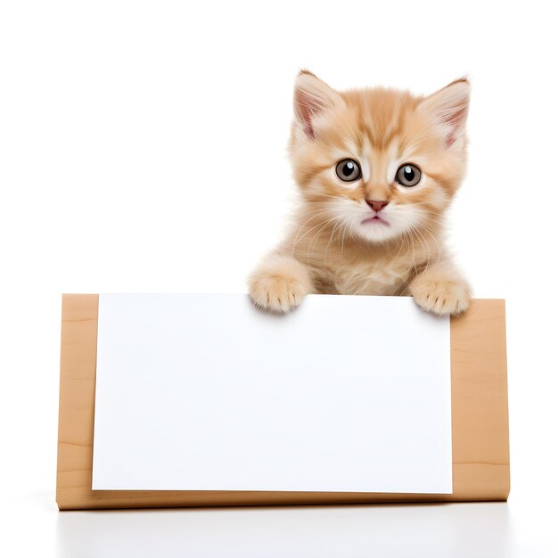 Photo cute orange kitten holding a sign with a white background cat holding a sign