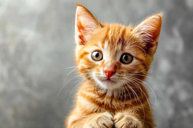 뭔가 또는 누군가를 쳐다보고 있는 것처럼 위를 바라보는 큰 눈을 가진 귀여운 오렌지색 새끼 고양이