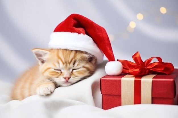 Cute orange kitten with gift box wearing a red Santa39s hat sleeps Top down view