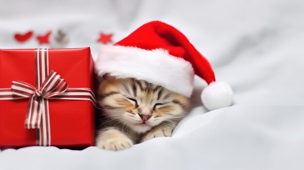 Cute orange kitten with gift box wearing a red santas hat sleeps top down view