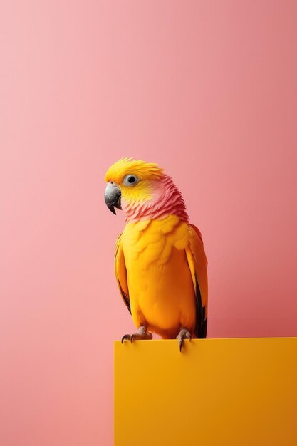 cute orange parrot on a pink background wall with copy space japanese minimalism generative ai