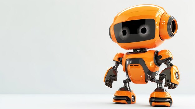 Cute orange robot standing on a white background The robot has big eyes a round head and a friendly expression