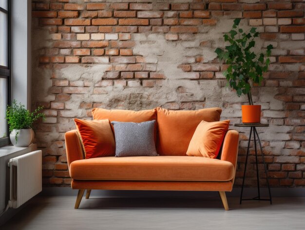 Cute orange velvet loveseat sofa in room with brick wall Interior design