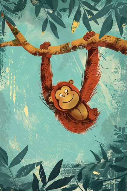 Photo cute orangutan with nature background children illustration