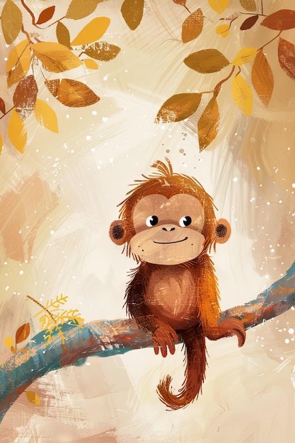 Photo cute orangutan with nature background children illustration