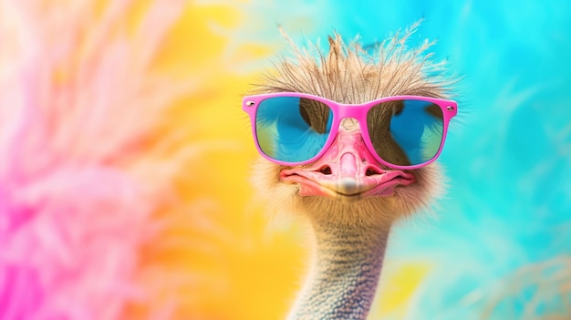 cute ostrich wearing sunglasses in studio with a colorful and bright background AI Generative