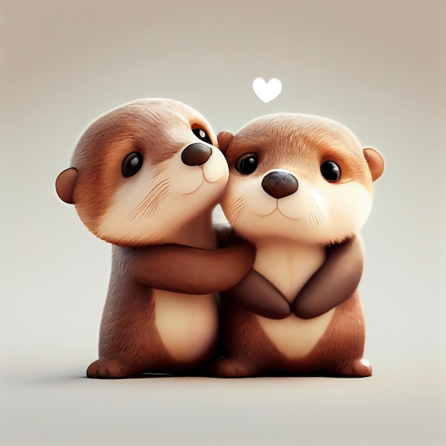 Cute otter couple in love with hearts 3d render cartoon illustration