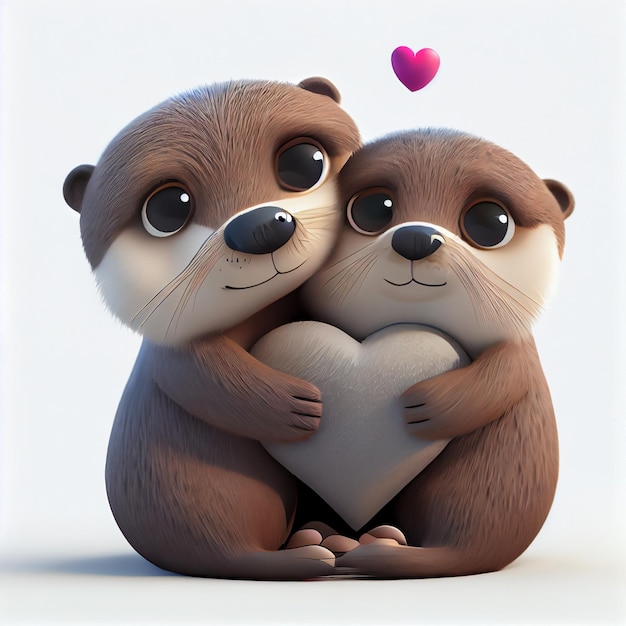 Cute otter couple in love with hearts 3d render cartoon illustration