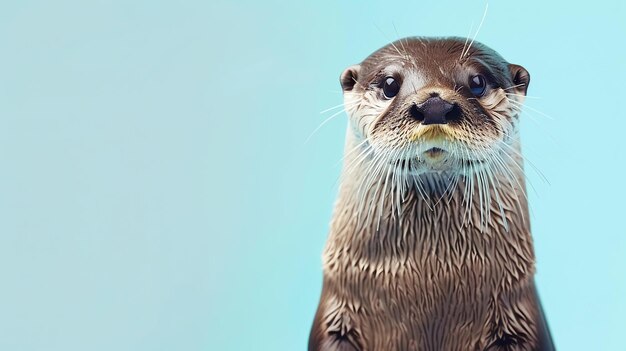 Photo a cute otter is looking at the camera with a curious expression on its face its fur is wet and glanzend and its whiskers are dripping with water