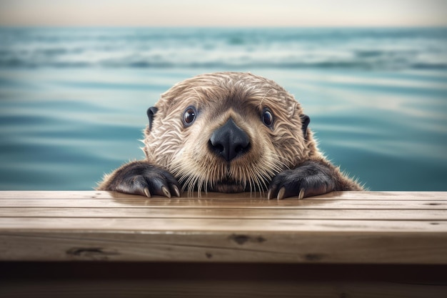 Photo cute otter peeping over table