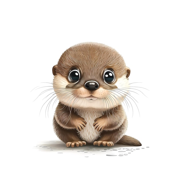 A cute otter with black eyes sits on the floor.