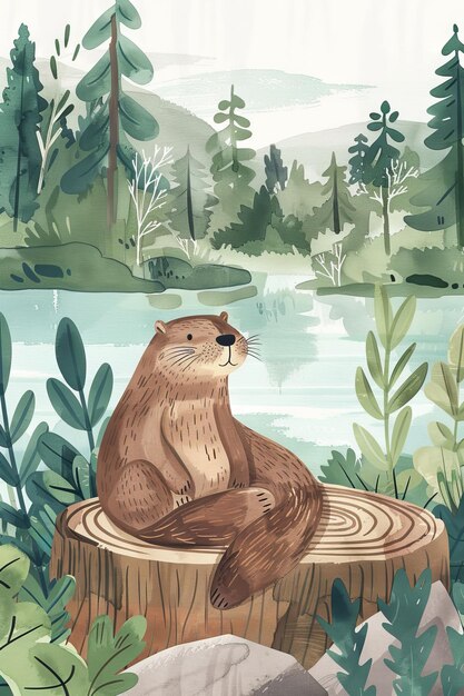 cute otter with nature background children illustration