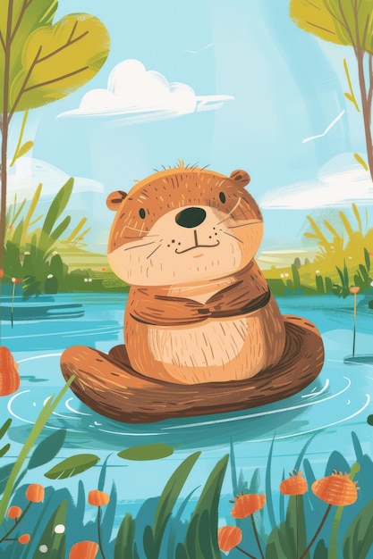 cute otter with nature background children illustration