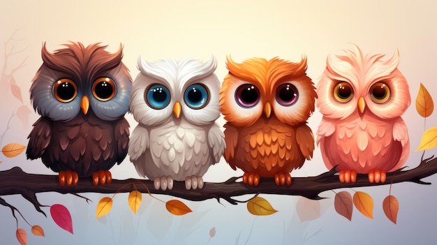Cute owl birds set Funny owlets feathered animals sitting on tree branches and watching