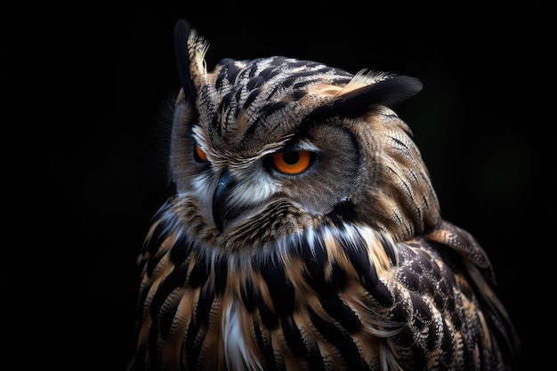 かわいいフクロウの明るい羽黒背景生成 IA