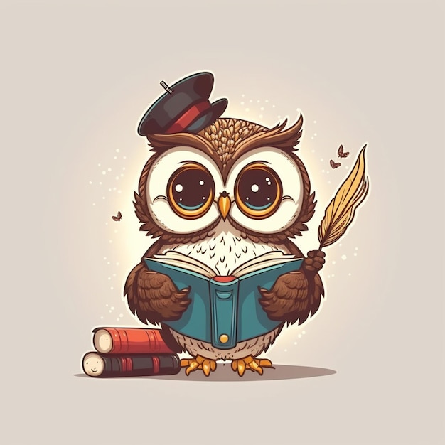 Photo cute owl is holding a magician book cartoon