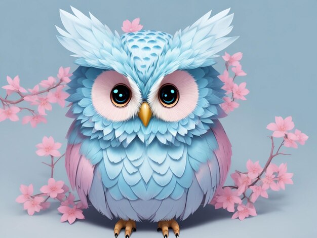 cute owl in light blue and pink pastels isolated