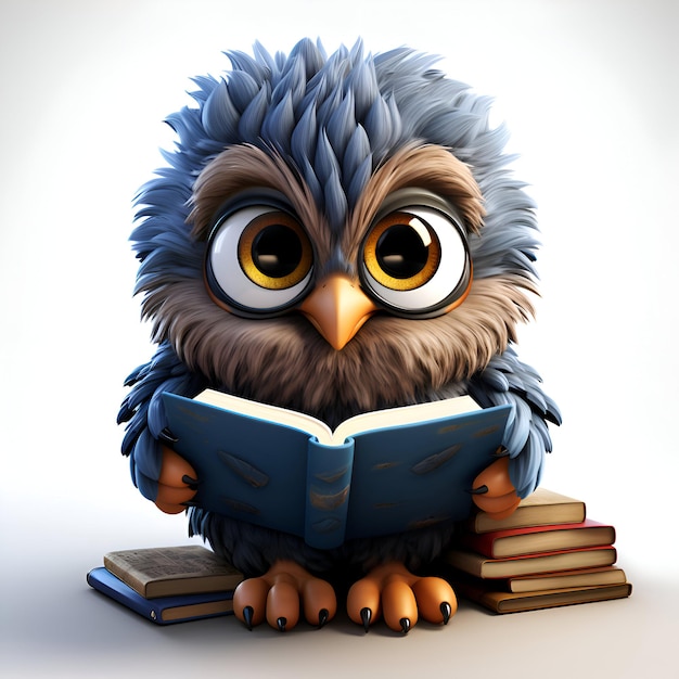 Photo cute owl reading a book isolated on white background 3d illustration