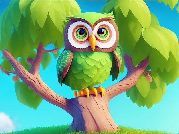 An cute owl sits on a green tree branch on a clear summer day in cartoon style illustration