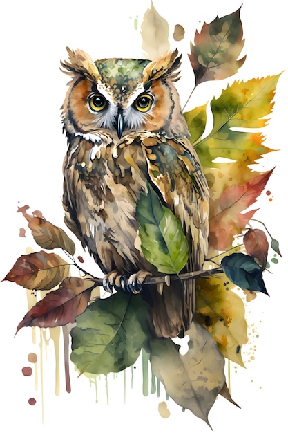 cute owl sitting on the branch with the inscription autumn autumn leaves. watercolor style