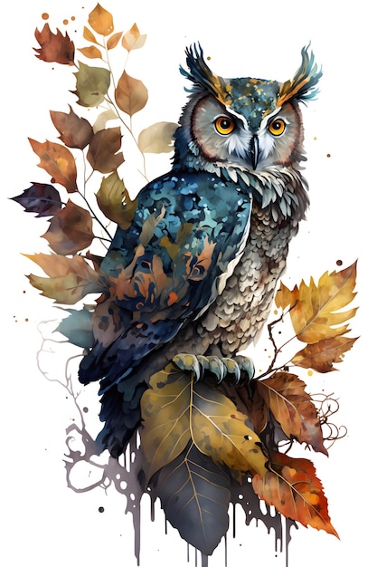 cute owl sitting on the branch with the inscription autumn autumn leaves. watercolor style