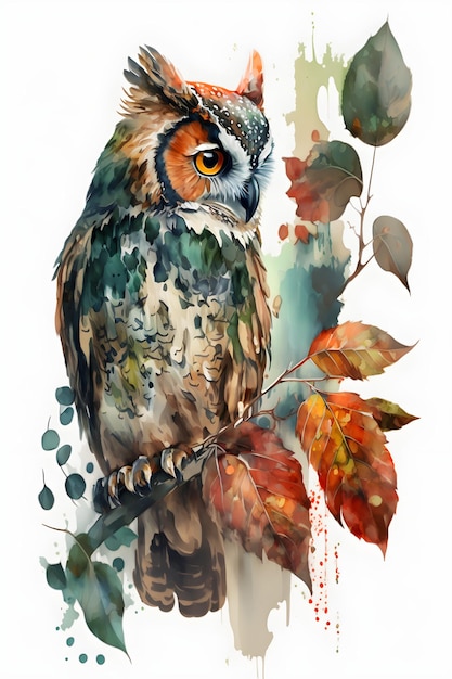 cute owl sitting on the branch with the inscription autumn autumn leaves. watercolor style