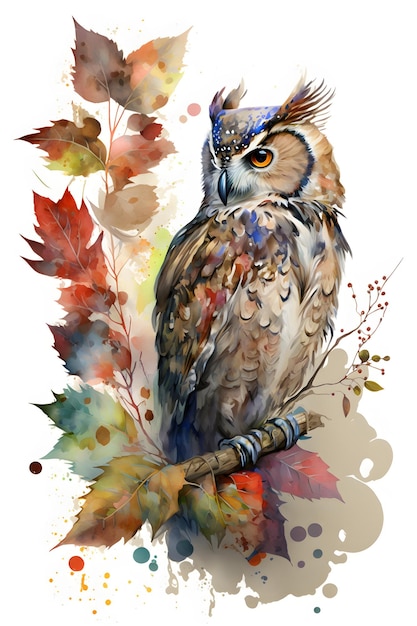 cute owl sitting on the branch with the inscription autumn autumn leaves. watercolor style