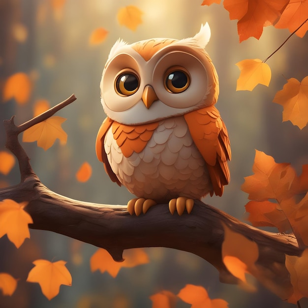 A Cute owl sitting on a tree branch with autumn
