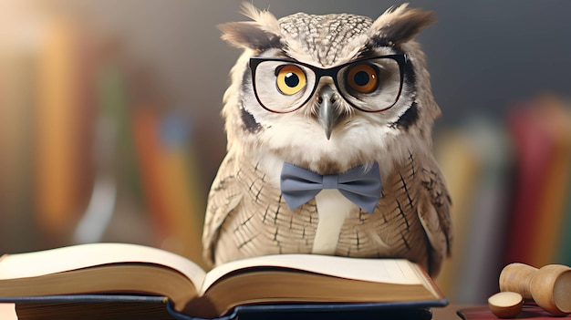 Cute owl teacher with pile of books Back to school concept AI generated image