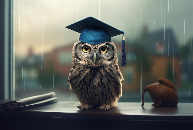 cute owl wearing a graduation hat in front of a window